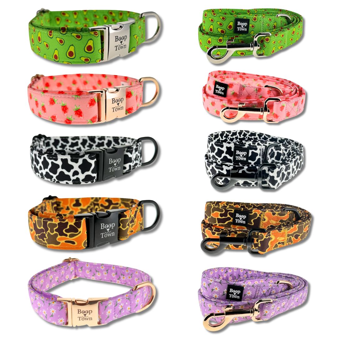Boop Town  Leash Set - Soft Cotton & Heavy Duty Nylon Core - Quick Release Metal Buckle -  Reduces Hair Matting - XS Small Medium Large XL Dogs